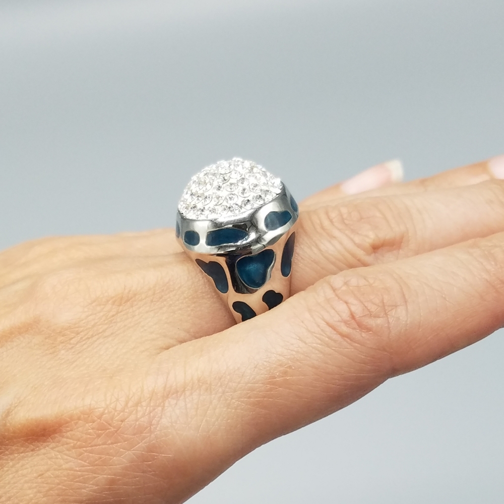 Rhinestone Silver Toned & Blue Cocktail Ring SZ 7